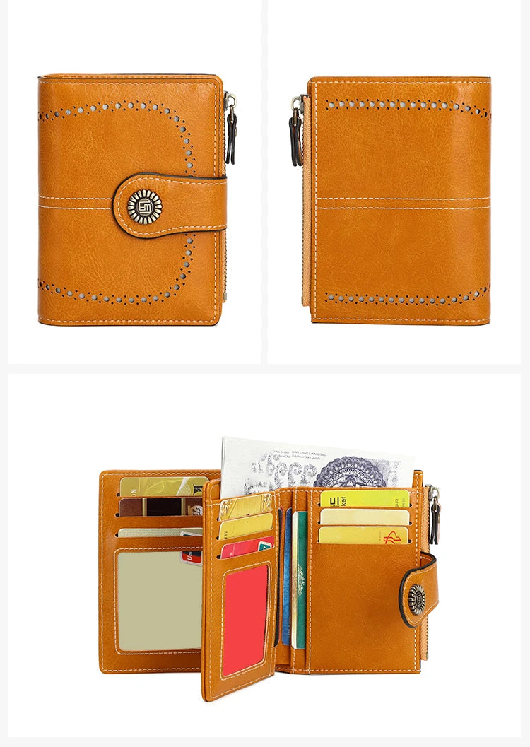 A brown leather RFID anti-theft multi-card wallet for women shown in various views.