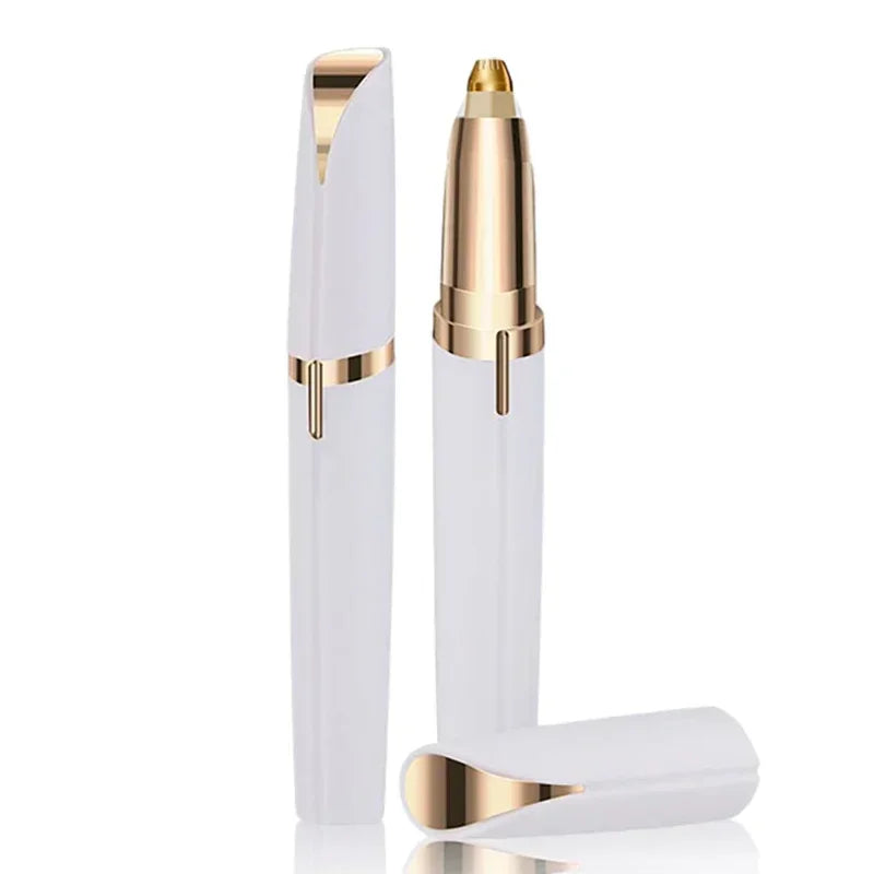 A sleek white precision electric eyebrow trimmer with a gold-colored tip and housing.