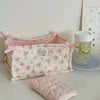 Pink quilted cotton storage basket with a lace flower design and a matching pink quilted pad.