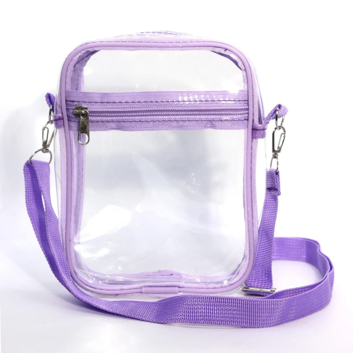 A clear transparent crossbody bag with a purple strap and zipper.