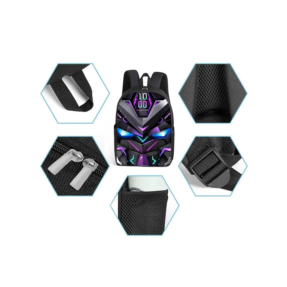 A set of three cartoon mechanical robot school backpacks shown in various angles and components.