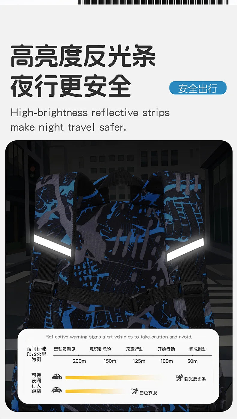 High-brightness reflective strips on a backpack for night travel safety