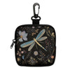 A black fabric coin purse with a flap closure featuring a floral and insect print.