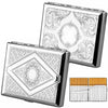 A decorative metal cigarette storage box shown in two views, featuring intricate swirling patterns and geometric designs.