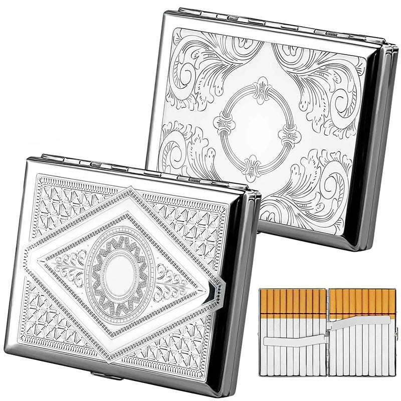A decorative metal cigarette storage box shown in two views, featuring intricate swirling patterns and geometric designs.