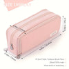 A pink multi-layer pencil case displayed with size measurements and a ruler.