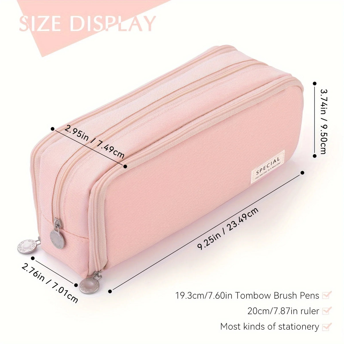 A pink multi-layer pencil case displayed with size measurements and a ruler.