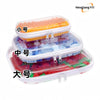Three sizes of colorful plastic beads stored in clear foldable zipper pouches labeled small, medium, and large