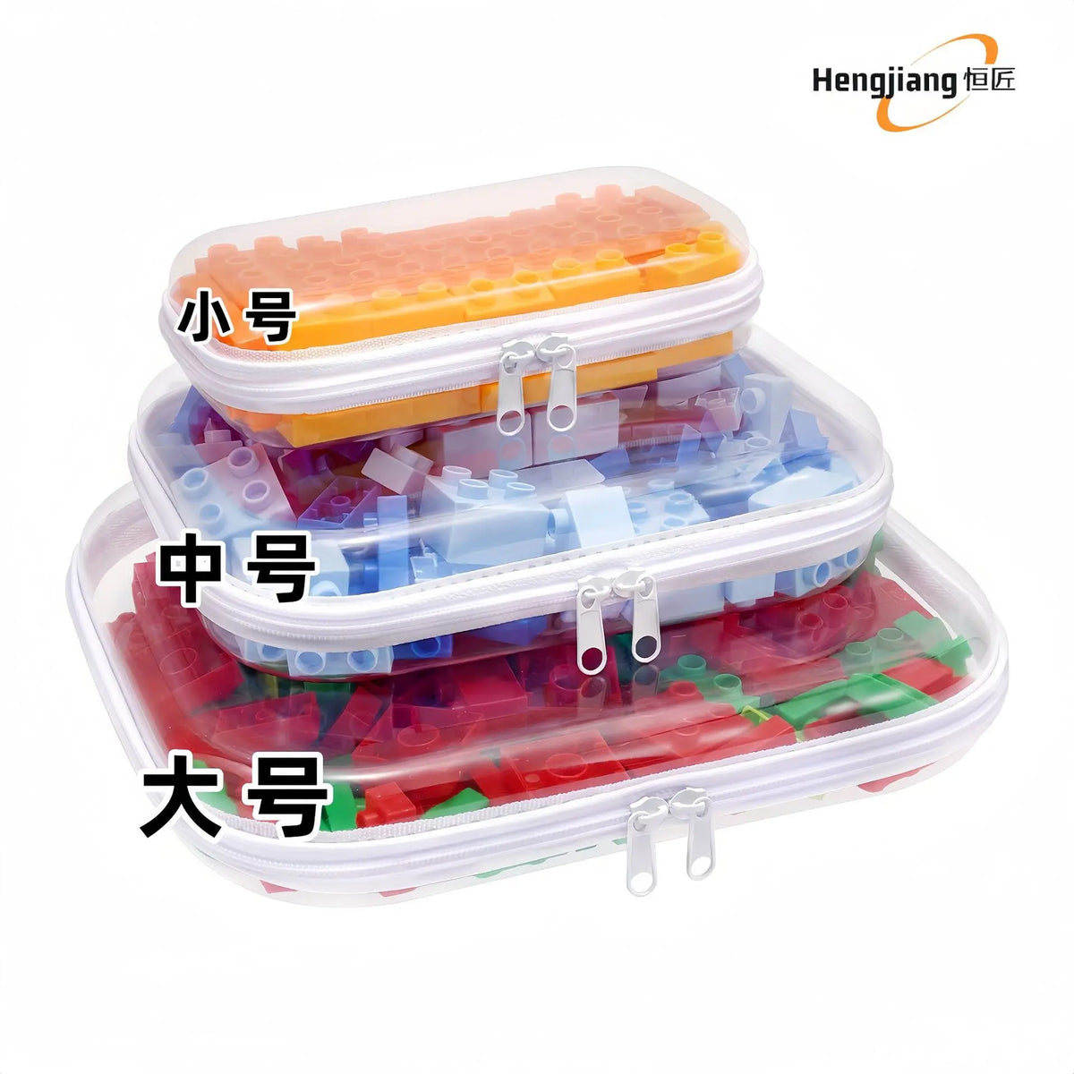 Three sizes of colorful plastic beads stored in clear foldable zipper pouches labeled small, medium, and large