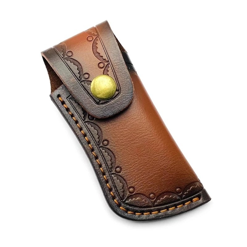 A brown leather knife sheath with a decorative stitching pattern and a brass button.