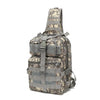 A camouflage multi-compartment crossbody and chest bag in tan and green patterns.