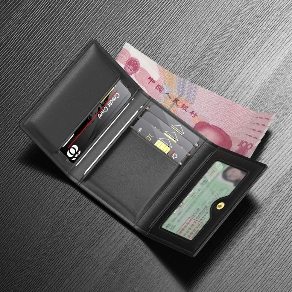 Cartera negra de cuero con múltiples tarjetas abierta, mostrando billetes y tarjetas sobre una superficie gris oscuro.