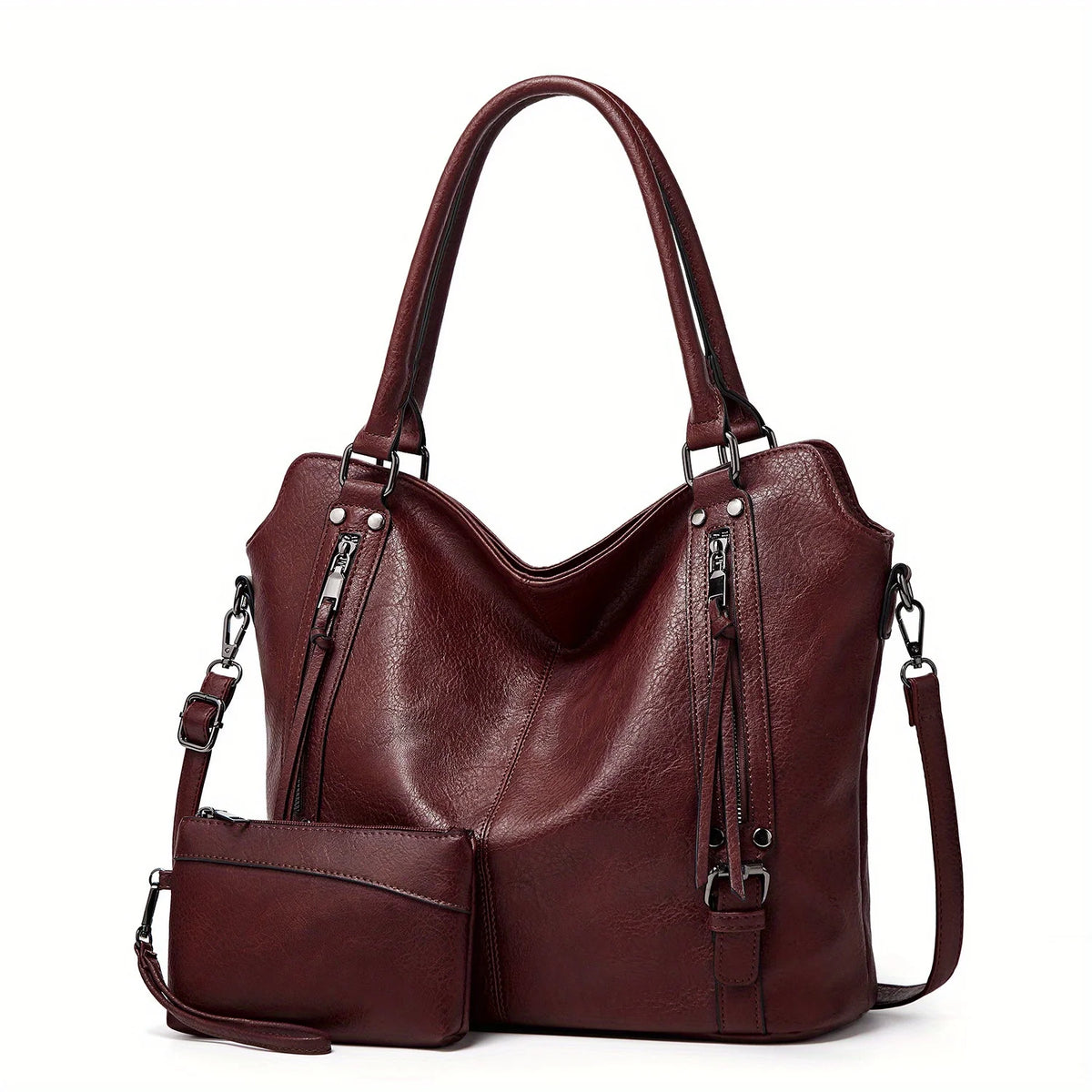 A dark brown women's PU leather crossbody tote bag with a flap closure and shoulder strap.