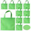 A collection of bright green non-woven tote bags in various sizes and styles.