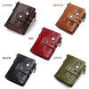 A collection of men's genuine leather bifold wallets in brown, red, black, and green colors.