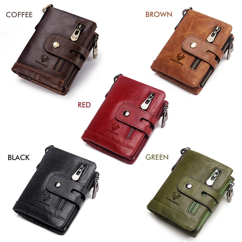 A collection of men's genuine leather bifold wallets in brown, red, black, and green colors.