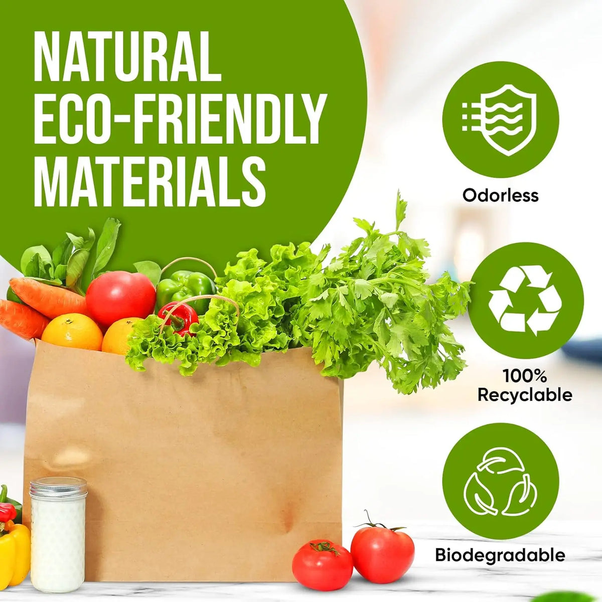 A brown kraft paper gift bag filled with fresh vegetables and tomatoes, highlighting natural eco-friendly materials.