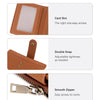 Details of a brown compact bifold wallet showing the card slot, double snap closure, and smooth zipper.