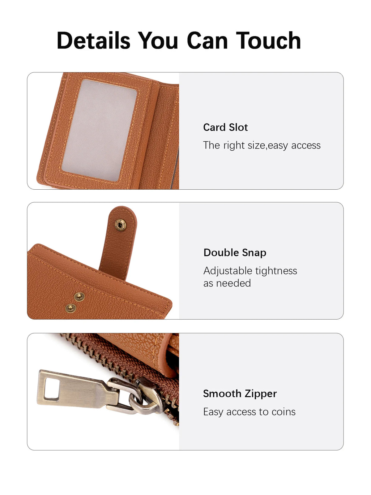 Details of a brown compact bifold wallet showing the card slot, double snap closure, and smooth zipper.