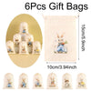 Set of six beige drawstring gift bags featuring cute Easter bunny designs
