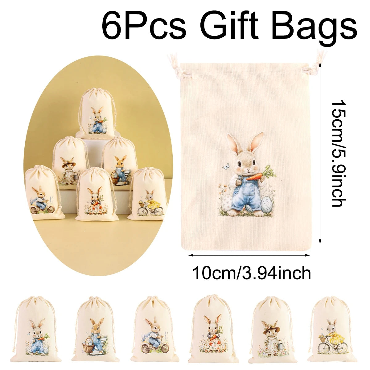 Set of six beige drawstring gift bags featuring cute Easter bunny designs