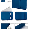 A blue universal laptop sleeve case shown in various views including side, front, and inside.