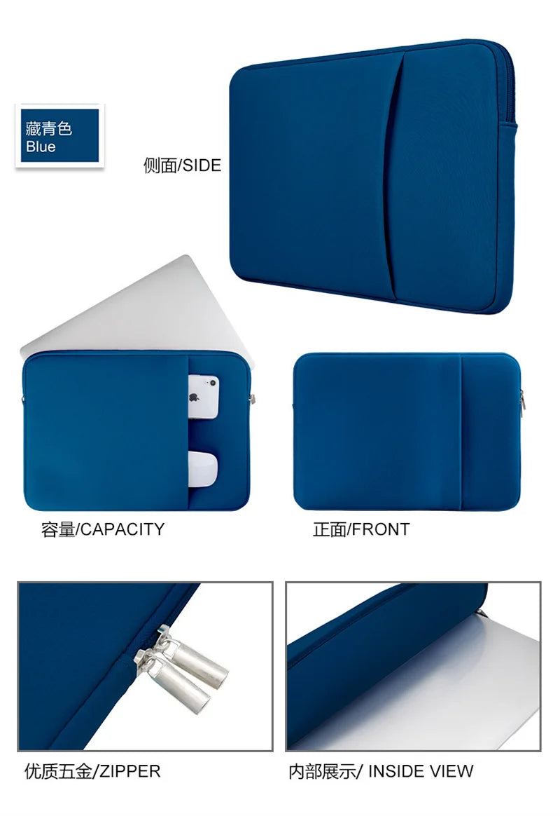 A blue universal laptop sleeve case shown in various views including side, front, and inside.