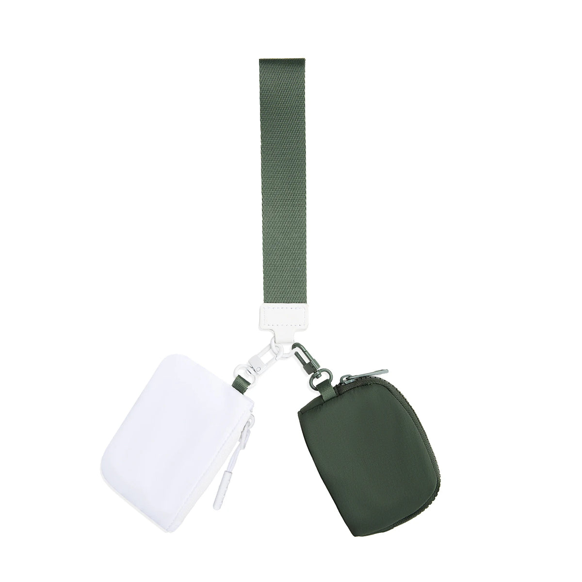 A green nylon wristlet pouch with a white strap and attached zipper.
