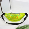 A bright lime green holographic sequin waist bag with a black adjustable strap displayed on a white surface.