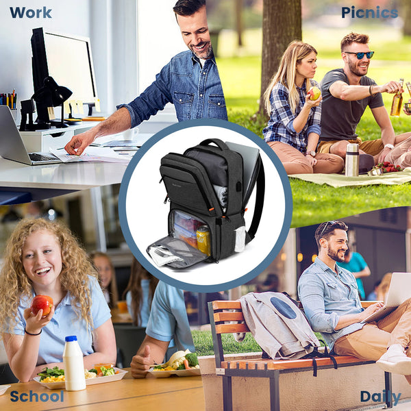 Un sac à dos isotherme noir pour déjeuner et pique-nique, avec des personnes profitant de pique-niques et d'activités en plei