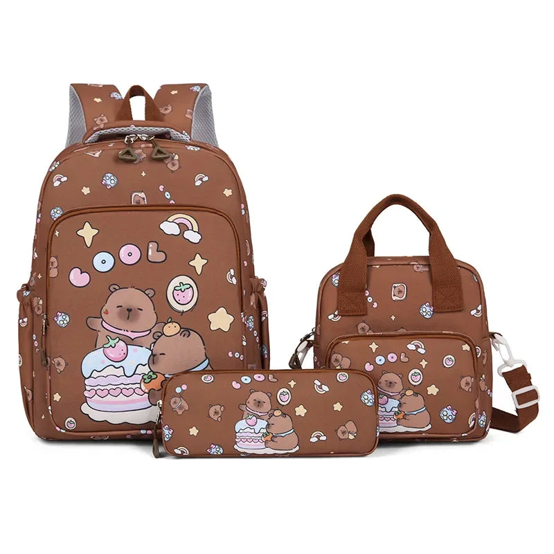 A brown cartoon animal backpack set featuring a bear and a rabbit design on a backpack and a matching pouch.