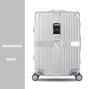 Silver adjustable luggage with a black lock and grey color.