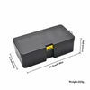 A dark gray large capacity fishing tackle box shown from the top view with dimensions and weight listed.