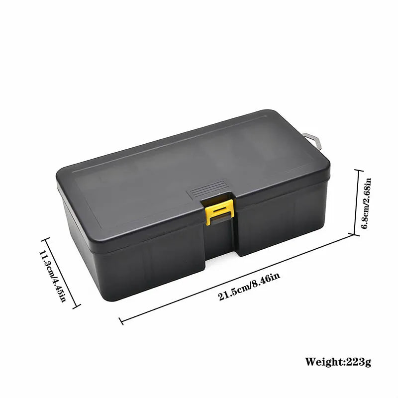 A dark gray large capacity fishing tackle box shown from the top view with dimensions and weight listed.