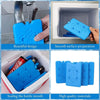 A set of blue reusable gel ice packs shown in various uses including sealing a bottle mouth and surface preparation.