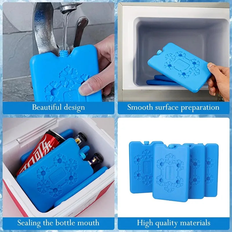 A set of blue reusable gel ice packs shown in various uses including sealing a bottle mouth and surface preparation.