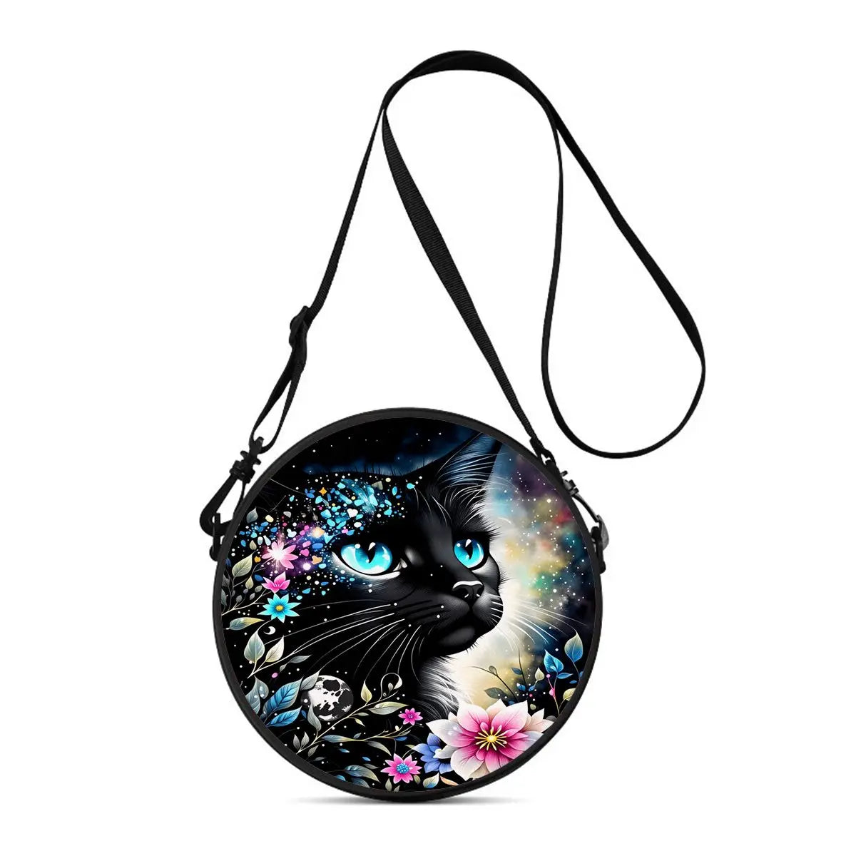 A black cartoon cat round crossbody bag with a floral and starry design and a black strap.