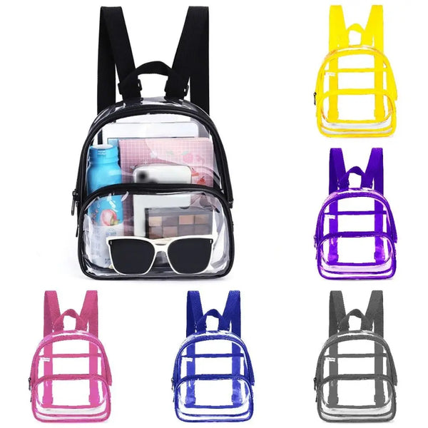 Une collection de sacs à dos transparents en PVC de différentes couleurs : bleu, rose, violet et gris.