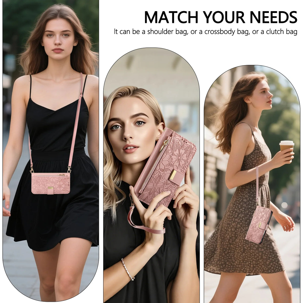 A model wearing a pink zippered leather crossbody phone wallet case for iPhone.