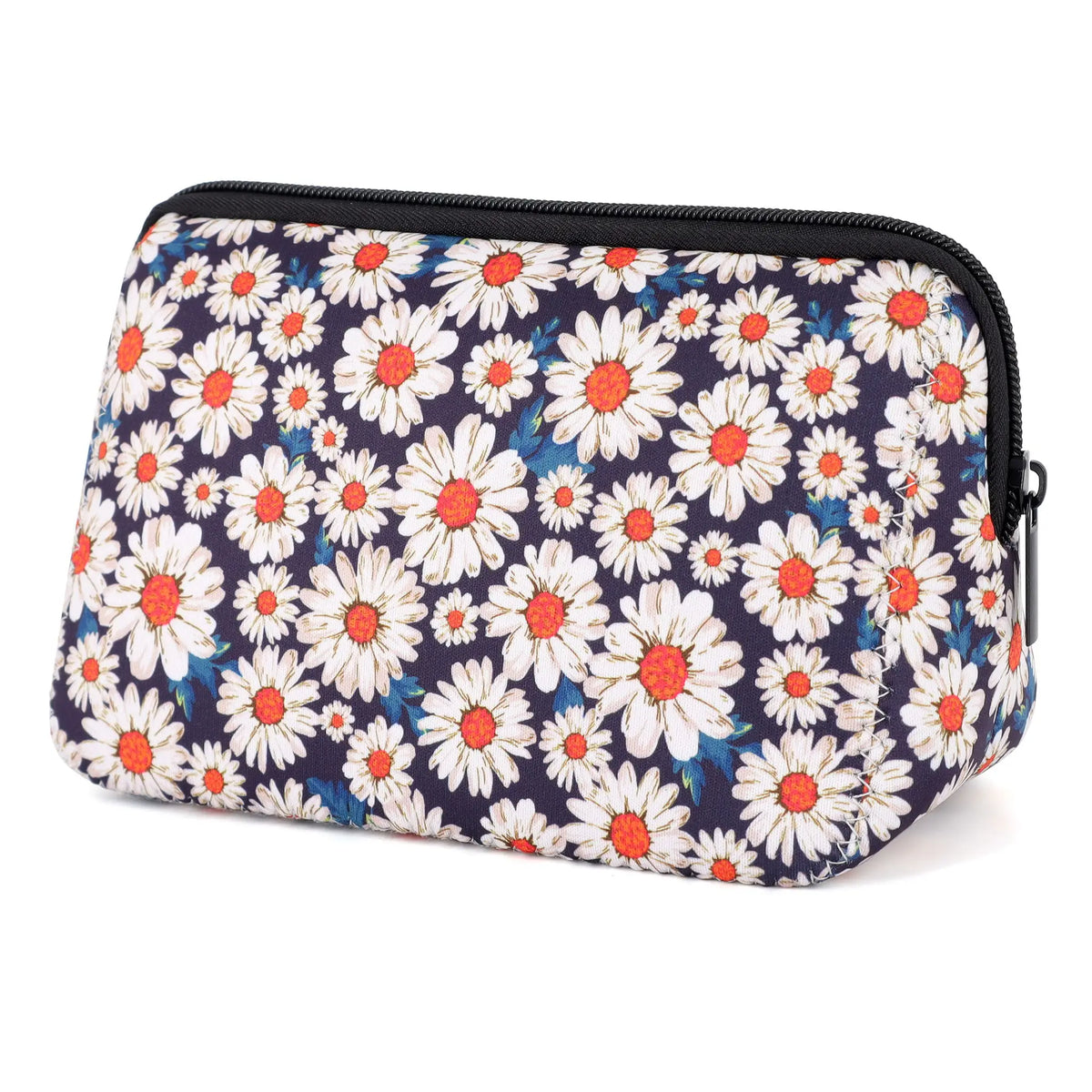 A navy blue fabric cosmetic organizer bag with a white and orange daisy floral pattern.