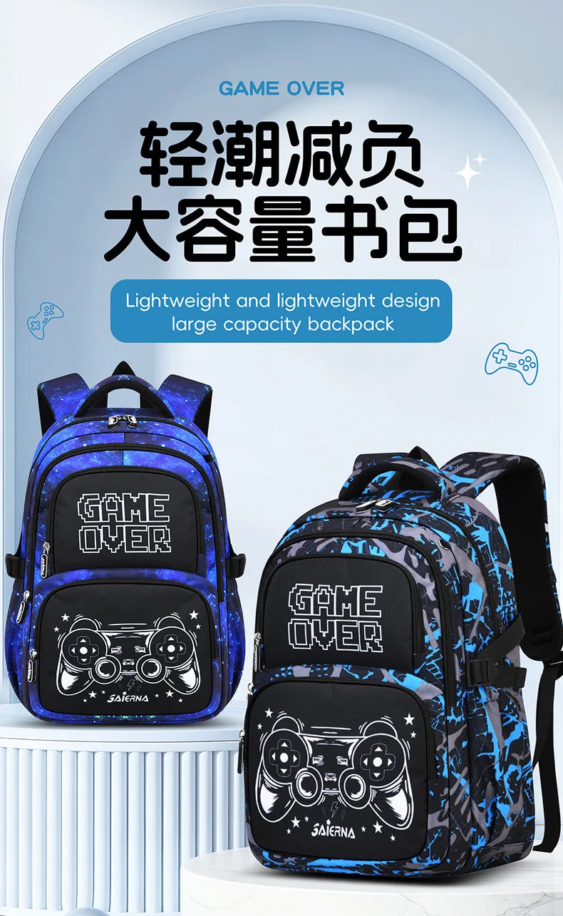A dark blue and black lightweight large capacity backpack featuring a Game Over design.