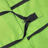 A close-up of a lime green foldable grocery and shopping cart with black straps and zippers.