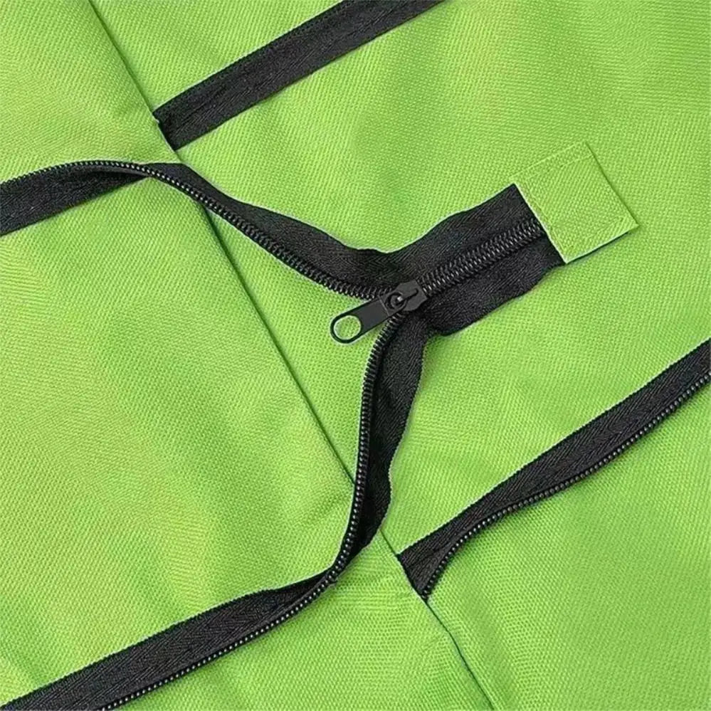 A close-up of a lime green foldable grocery and shopping cart with black straps and zippers.