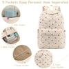 A beige corduroy strawberry backpack set showing five separate pockets including a main pocket, two side pockets, one inner p