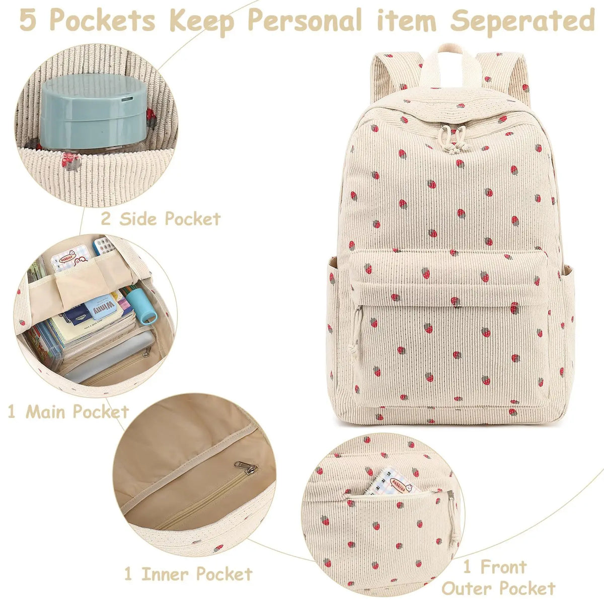 A beige corduroy strawberry backpack set showing five separate pockets including a main pocket, two side pockets, one inner p