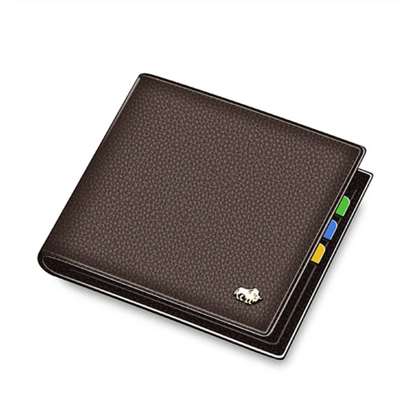 A dark brown genuine leather bifold wallet shown from above.