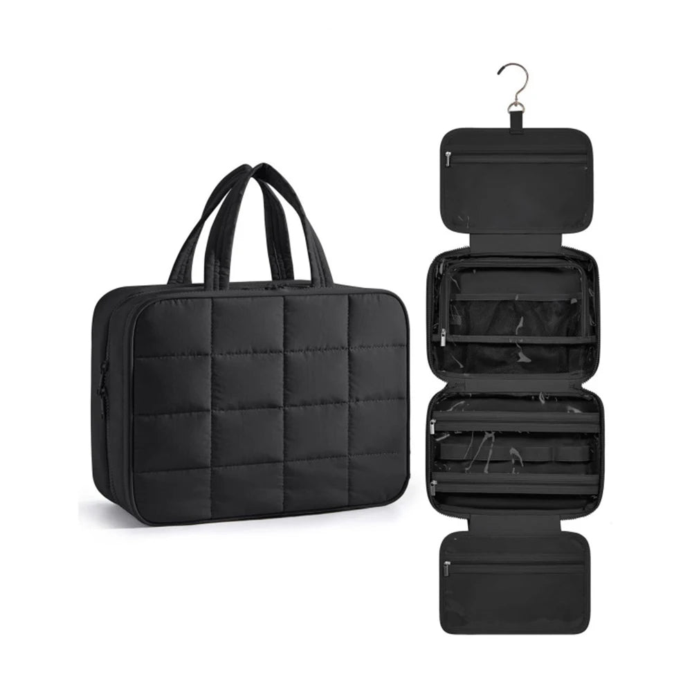 Sac organisateur de maquillage portable noir suspendu avec plusieurs compartiments.