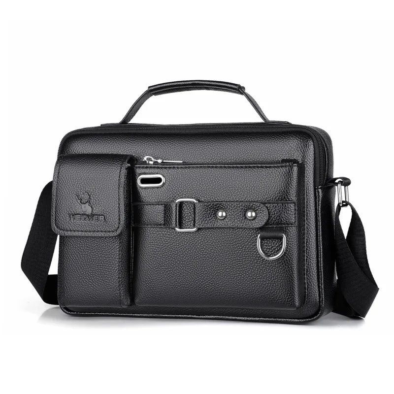 Black men's PU leather crossbody shoulder bag with a flap and strap.