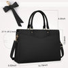 A black premium PU leather laptop tote bag with a handle and strap shown in various dimensions.
