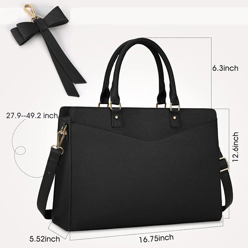 A black premium PU leather laptop tote bag with a handle and strap shown in various dimensions.